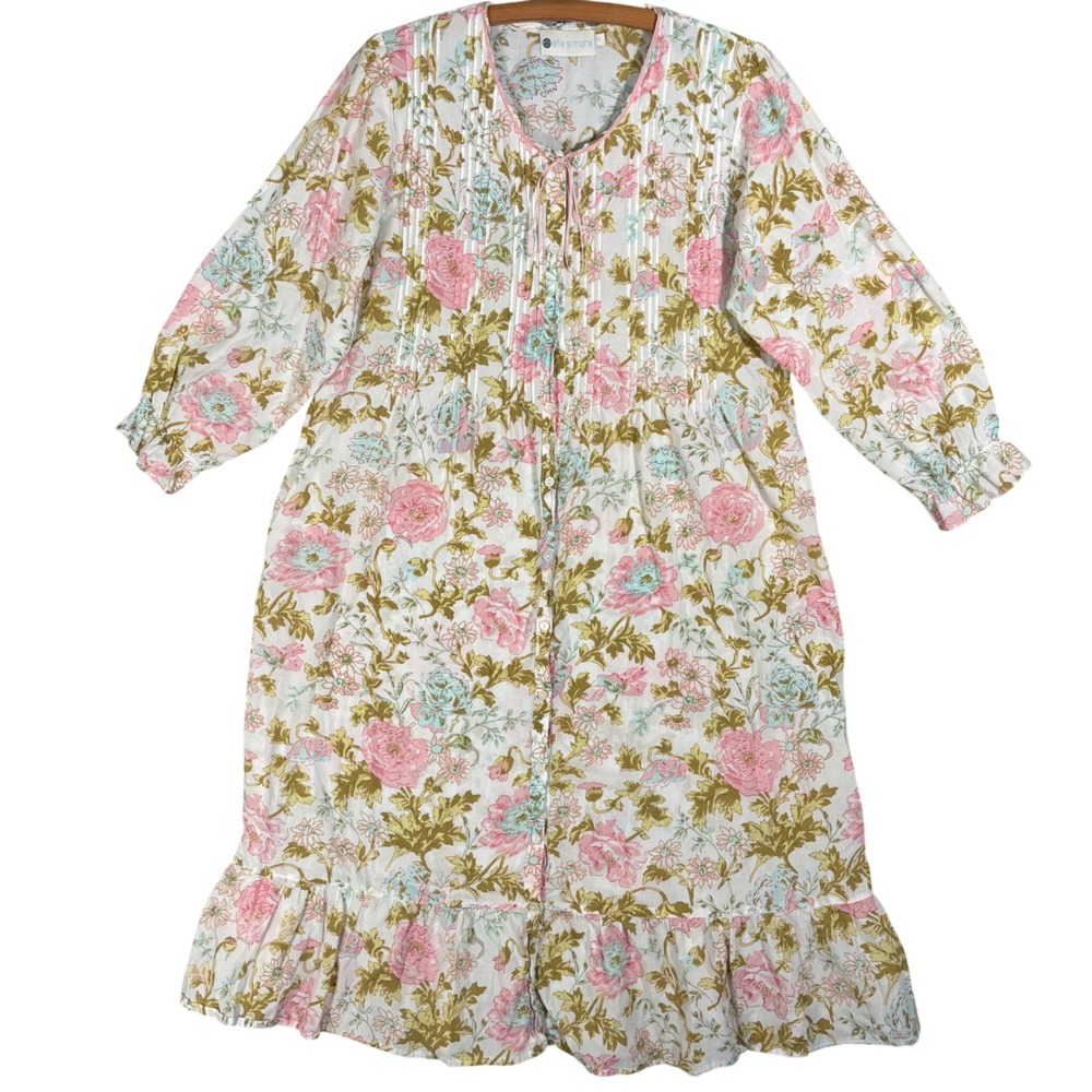 Ella Simone Womens Medium Cotton Floral Pintuck Button Front Nightgown Pink Blue